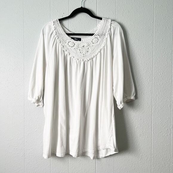 Ellos Top Womens 1X Crochet Cotton Modal Stretch Puff Sleeve Career Workwear - Picture 1 of 12